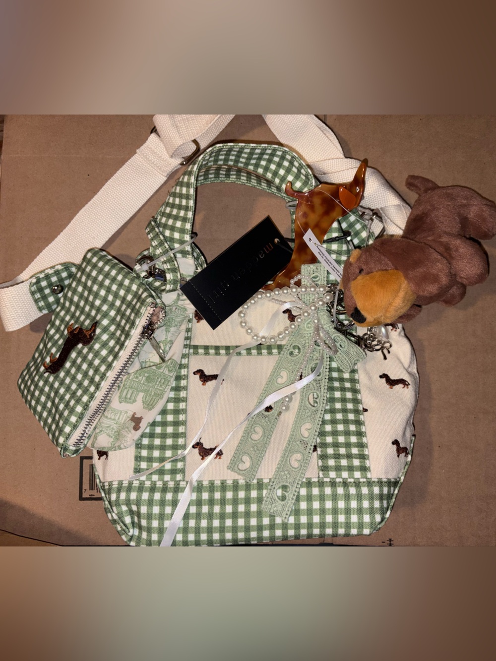 Madden Girl Green Gingham Dachshund Tote with Charm